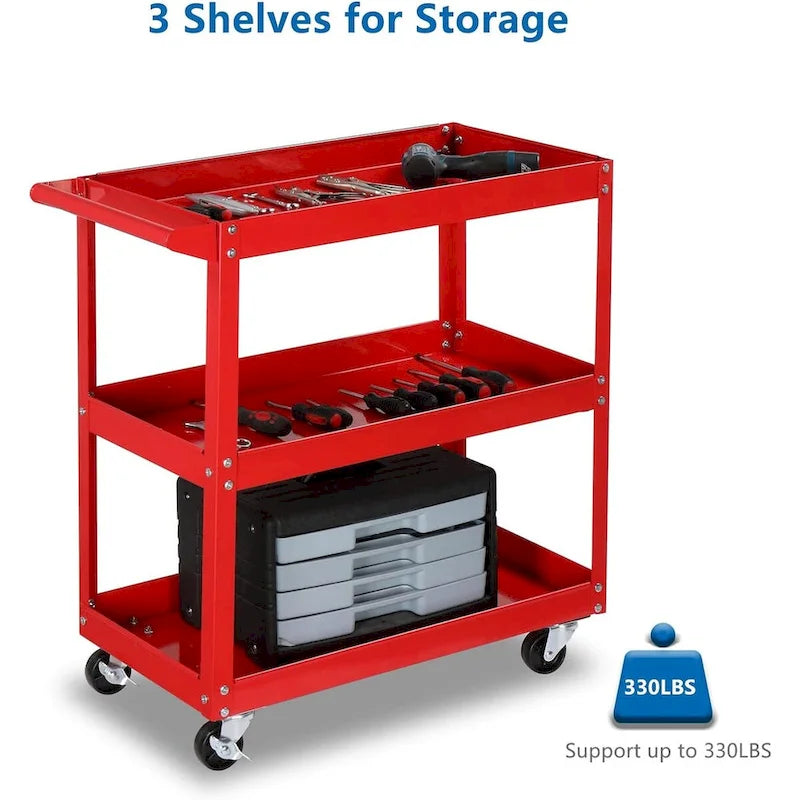 Chariot à outils à 3 niveaux sur roulettes, chariot utilitaire en acier robuste de 204 kg avec roulettes verrouillables pour cuisine, garage, entrepôt