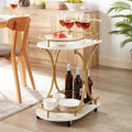 Chariot de bar à roulettes à 2 niveaux, Desserte de bar moderne mobile avec porte-bouteilles, Blanc+Or