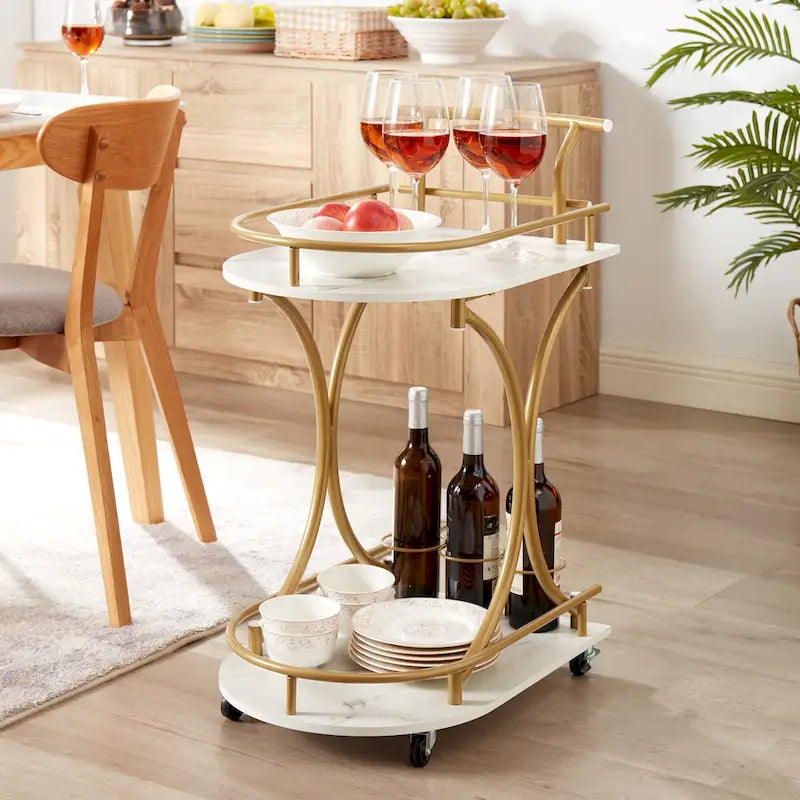 Chariot de bar à roulettes à 2 niveaux, Desserte de bar moderne mobile avec porte-bouteilles, Blanc+Or