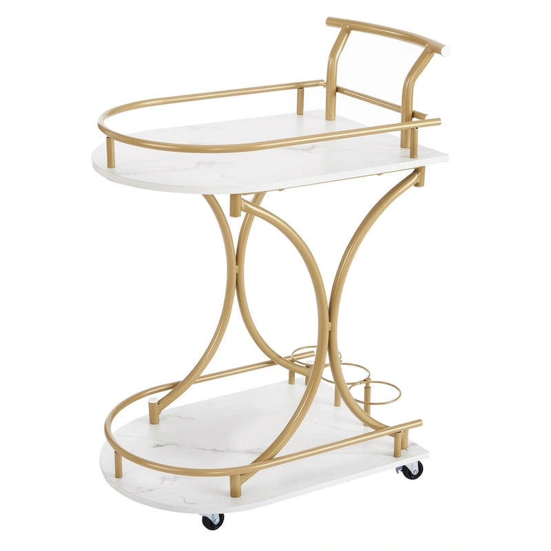 Chariot de bar à roulettes à 2 niveaux, Desserte de bar moderne mobile avec porte-bouteilles, Blanc+Or