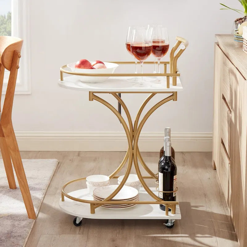 Chariot de bar à roulettes à 2 niveaux, Desserte de bar moderne mobile avec porte-bouteilles, Blanc+Or