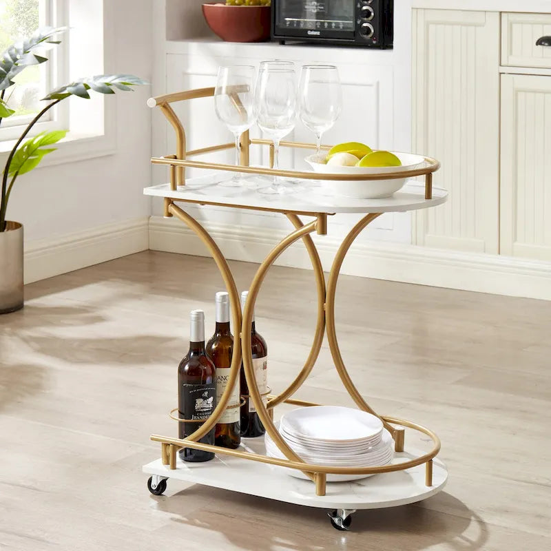 Chariot de bar à roulettes à 2 niveaux, Desserte de bar moderne mobile avec porte-bouteilles, Blanc+Or