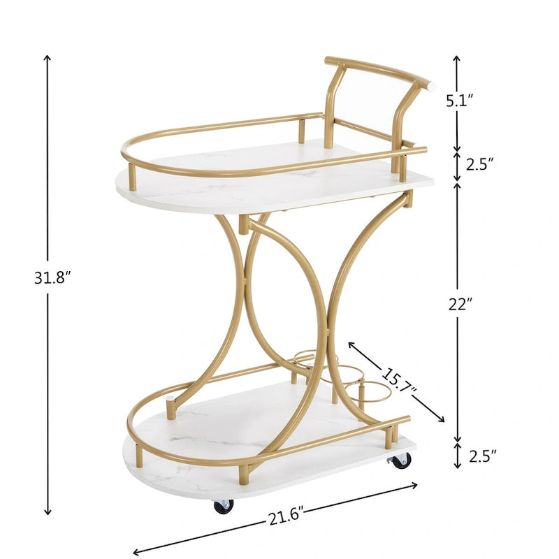 Chariot de bar à roulettes à 2 niveaux, Desserte de bar moderne mobile avec porte-bouteilles, Blanc+Or