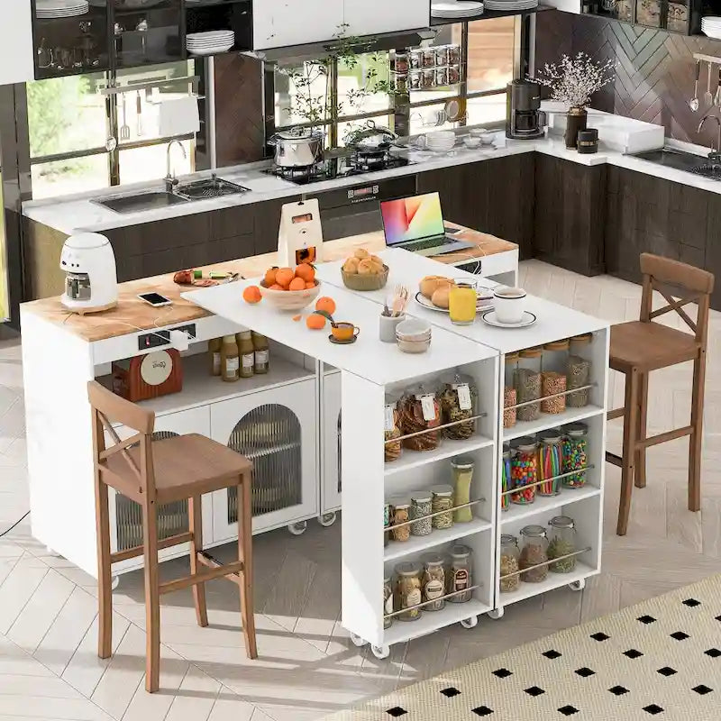 Îlot de cuisine de 33 po de large avec plateau en bois d'hévéa sur 8 roulettes avec table extensible, lumières DEL, prises de courant