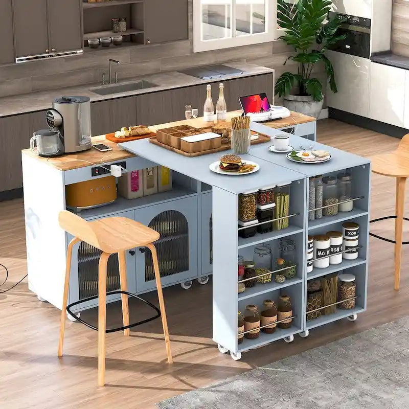 Îlot de cuisine de 33 po de large avec plateau en bois d'hévéa sur 8 roulettes avec table extensible, lumières DEL, prises de courant