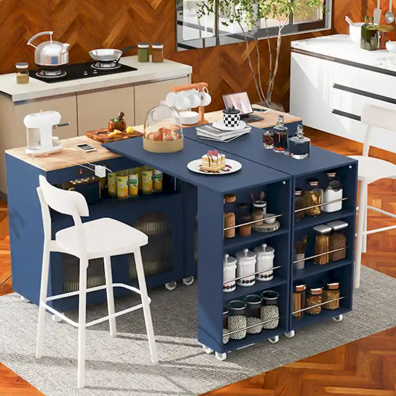 Îlot de cuisine de 33 po de large avec plateau en bois d'hévéa sur 8 roulettes avec table extensible, lumières DEL, prises de courant