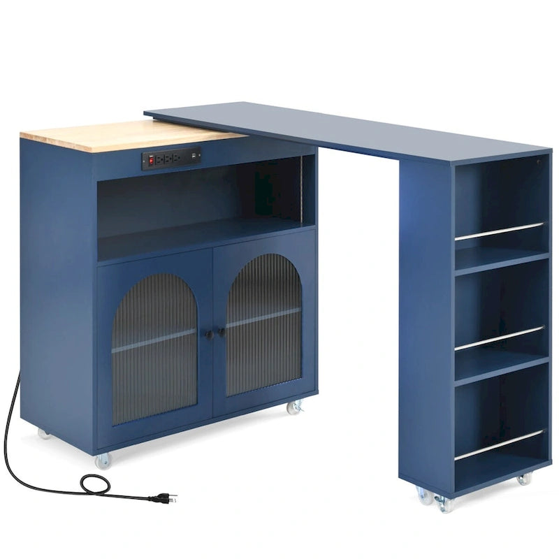 Îlot de cuisine de 33 po de large avec plateau en bois d'hévéa sur 8 roulettes avec table extensible, lumières DEL, prises de courant