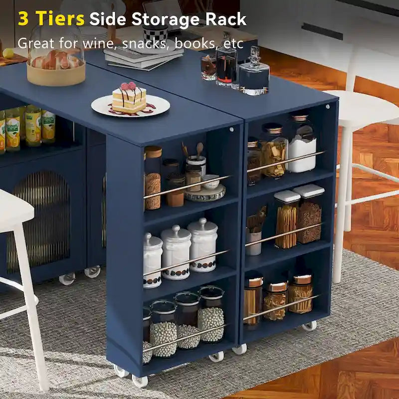 Îlot de cuisine de 33 po de large avec plateau en bois d'hévéa sur 8 roulettes avec table extensible, lumières DEL, prises de courant