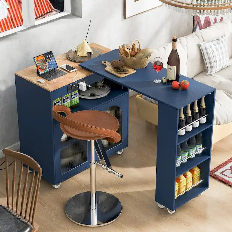 Îlot de cuisine de 33 po de large avec plateau en bois d'hévéa sur 8 roulettes avec table extensible, lumières DEL, prises de courant