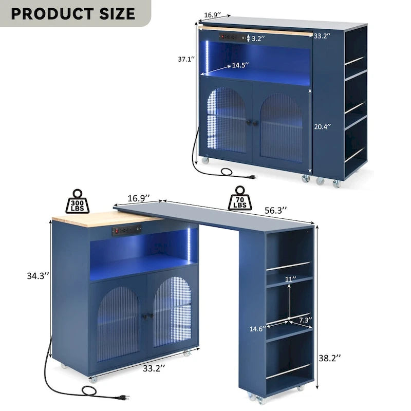 Îlot de cuisine de 33 po de large avec plateau en bois d'hévéa sur 8 roulettes avec table extensible, lumières DEL, prises de courant