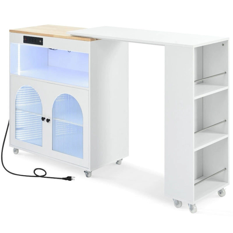 Îlot de cuisine de 33 po de large avec plateau en bois d'hévéa sur 8 roulettes avec table extensible, lumières DEL, prises de courant