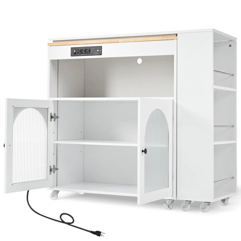 Îlot de cuisine de 33 po de large avec plateau en bois d'hévéa sur 8 roulettes avec table extensible, lumières DEL, prises de courant