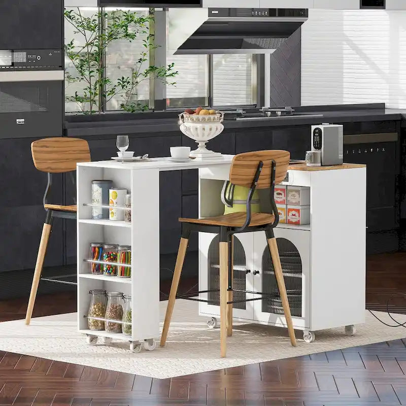 Îlot de cuisine de 33 po de large avec plateau en bois d'hévéa sur 8 roulettes avec table extensible, lumières DEL, prises de courant