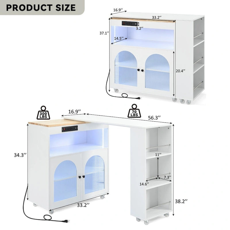 Îlot de cuisine de 33 po de large avec plateau en bois d'hévéa sur 8 roulettes avec table extensible, lumières DEL, prises de courant