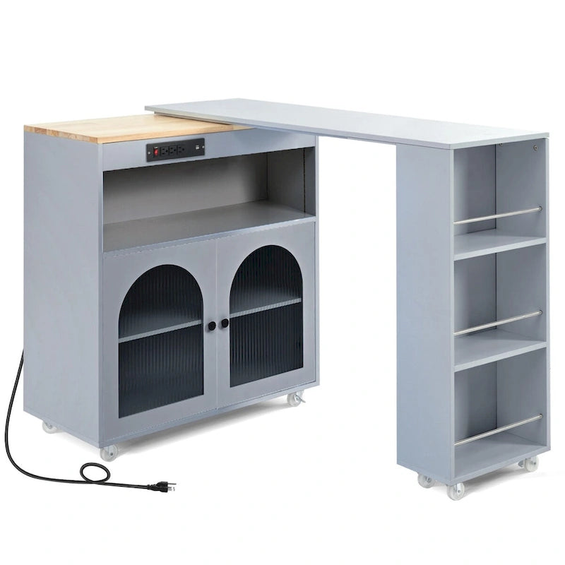 Îlot de cuisine de 33 po de large avec plateau en bois d'hévéa sur 8 roulettes avec table extensible, lumières DEL, prises de courant
