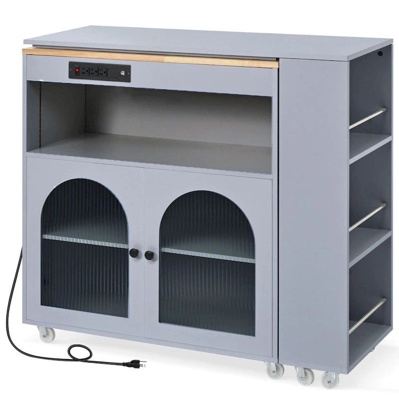 Îlot de cuisine de 33 po de large avec plateau en bois d'hévéa sur 8 roulettes avec table extensible, lumières DEL, prises de courant