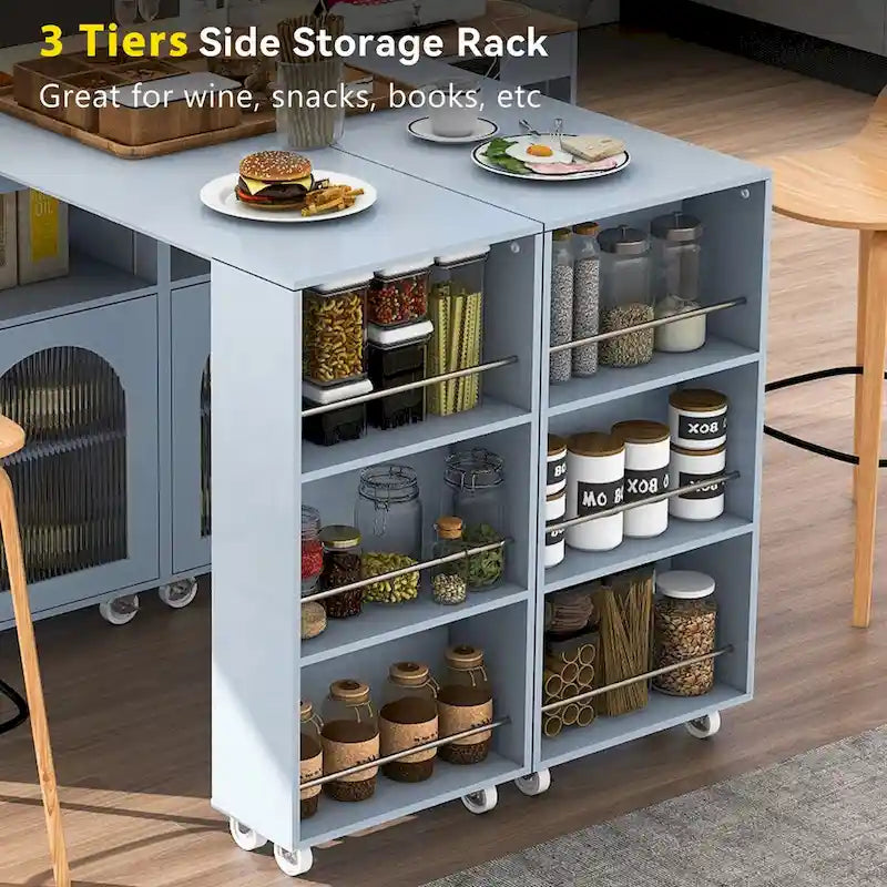 Îlot de cuisine de 33 po de large avec plateau en bois d'hévéa sur 8 roulettes avec table extensible, lumières DEL, prises de courant