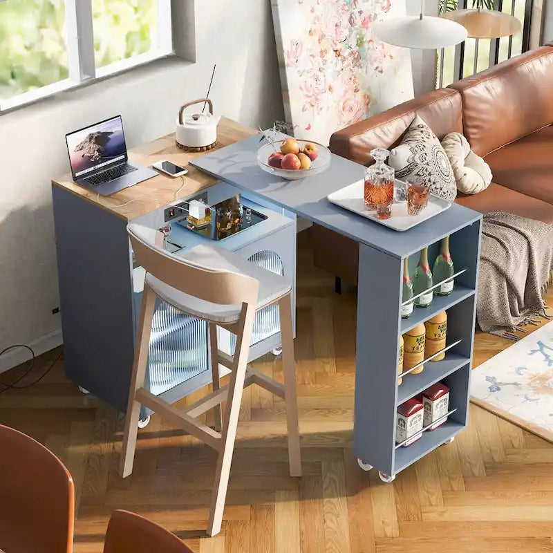 Îlot de cuisine de 33 po de large avec plateau en bois d'hévéa sur 8 roulettes avec table extensible, lumières DEL, prises de courant