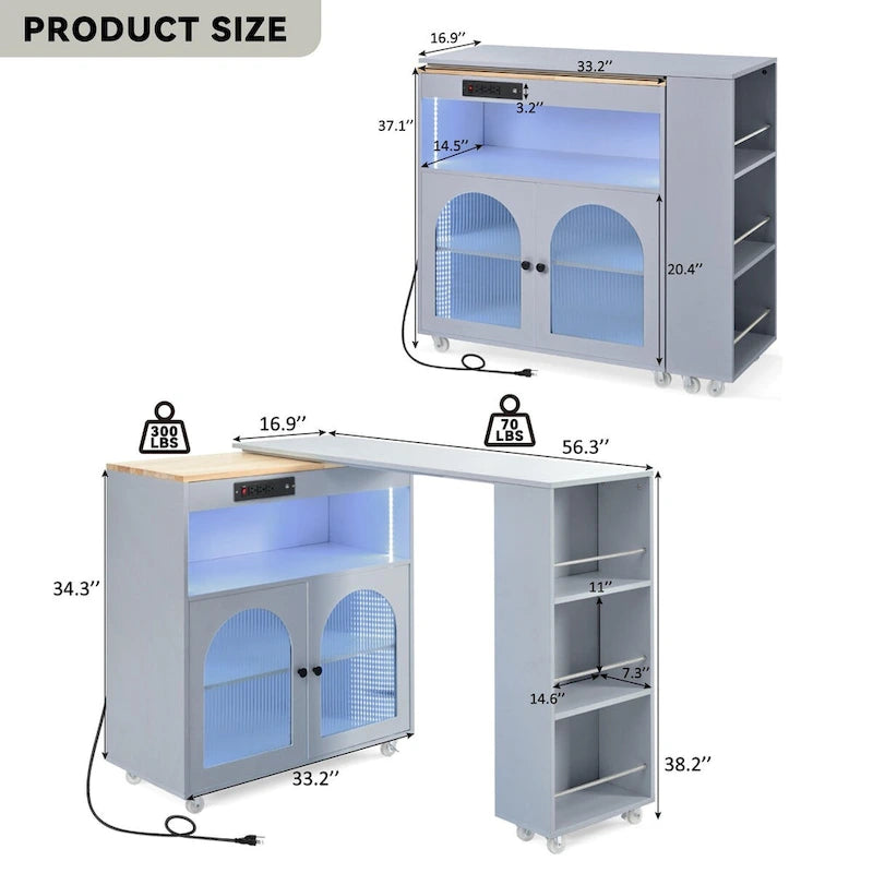 Îlot de cuisine de 33 po de large avec plateau en bois d'hévéa sur 8 roulettes avec table extensible, lumières DEL, prises de courant