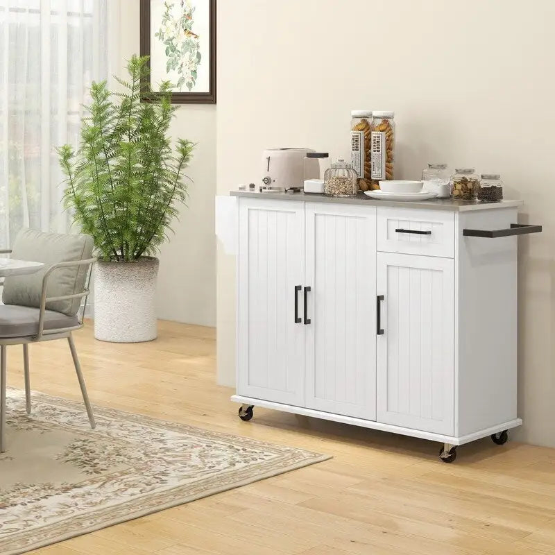 50.5Îlot de cuisine roulant avec tiroir, 3 armoires, comptoir en acier inoxydable, porte-épices et porte-serviettes
