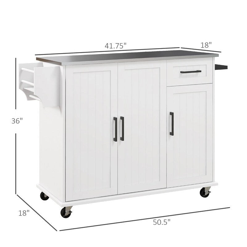50.5Îlot de cuisine roulant avec tiroir, 3 armoires, comptoir en acier inoxydable, porte-épices et porte-serviettes