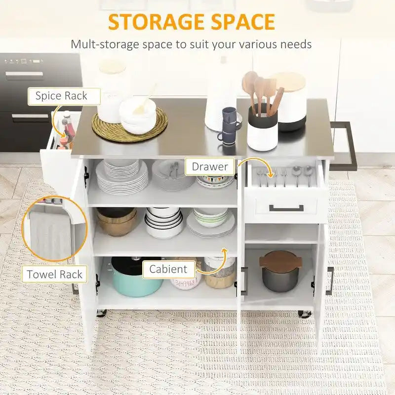 50.5Îlot de cuisine roulant avec tiroir, 3 armoires, comptoir en acier inoxydable, porte-épices et porte-serviettes