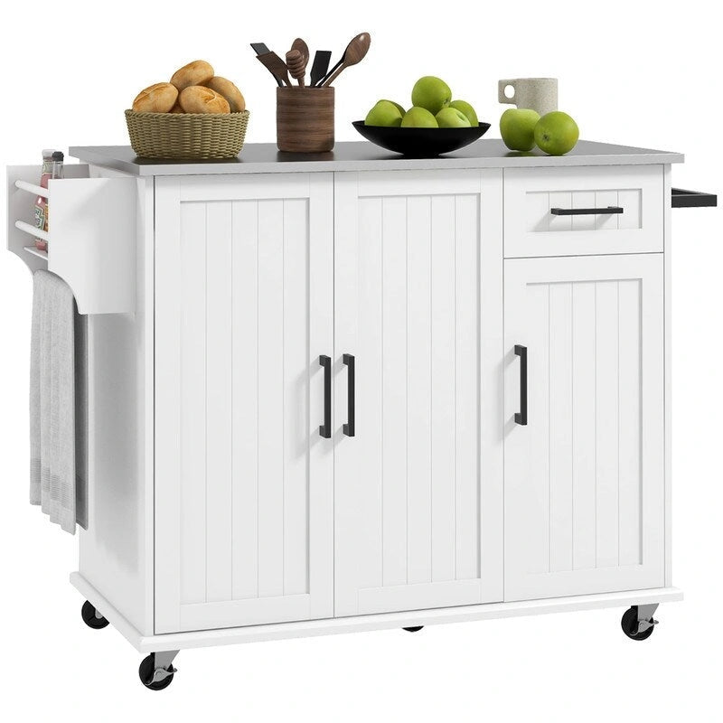 50.5Îlot de cuisine roulant avec tiroir, 3 armoires, comptoir en acier inoxydable, porte-épices et porte-serviettes