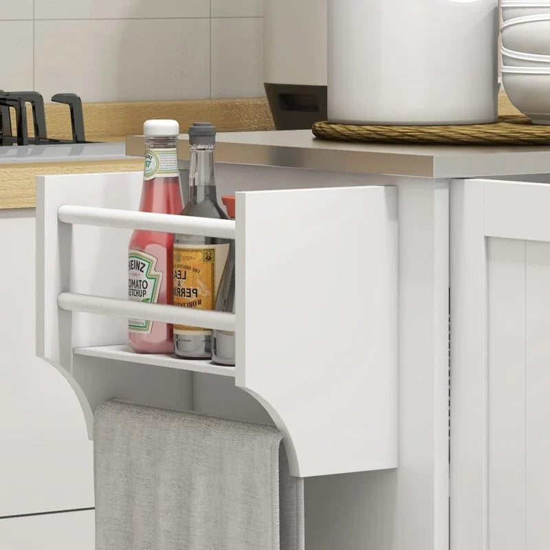 50.5Îlot de cuisine roulant avec tiroir, 3 armoires, comptoir en acier inoxydable, porte-épices et porte-serviettes