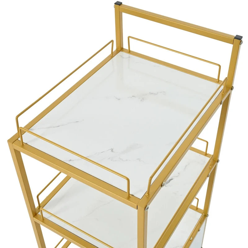 Chariot de rangement à 3 niveaux avec tiroir, desserte à roulettes avec plateau en faux marbre et cadre en métal pour cuisine/salon de beauté/bureau à domicile