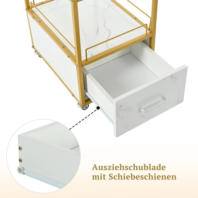 Chariot de rangement à 3 niveaux avec tiroir, desserte à roulettes avec plateau en faux marbre et cadre en métal pour cuisine/salon de beauté/bureau à domicile