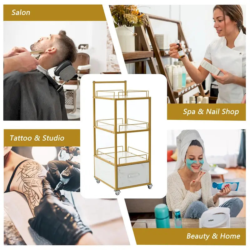 Chariot de rangement à 3 niveaux avec tiroir, desserte à roulettes avec plateau en faux marbre et cadre en métal pour cuisine/salon de beauté/bureau à domicile