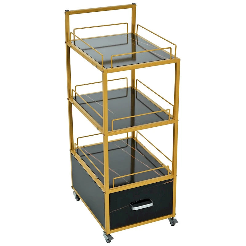 Chariot de rangement à 3 niveaux avec tiroir, desserte à roulettes avec plateau en faux marbre et cadre en métal pour cuisine/salon de beauté/bureau à domicile