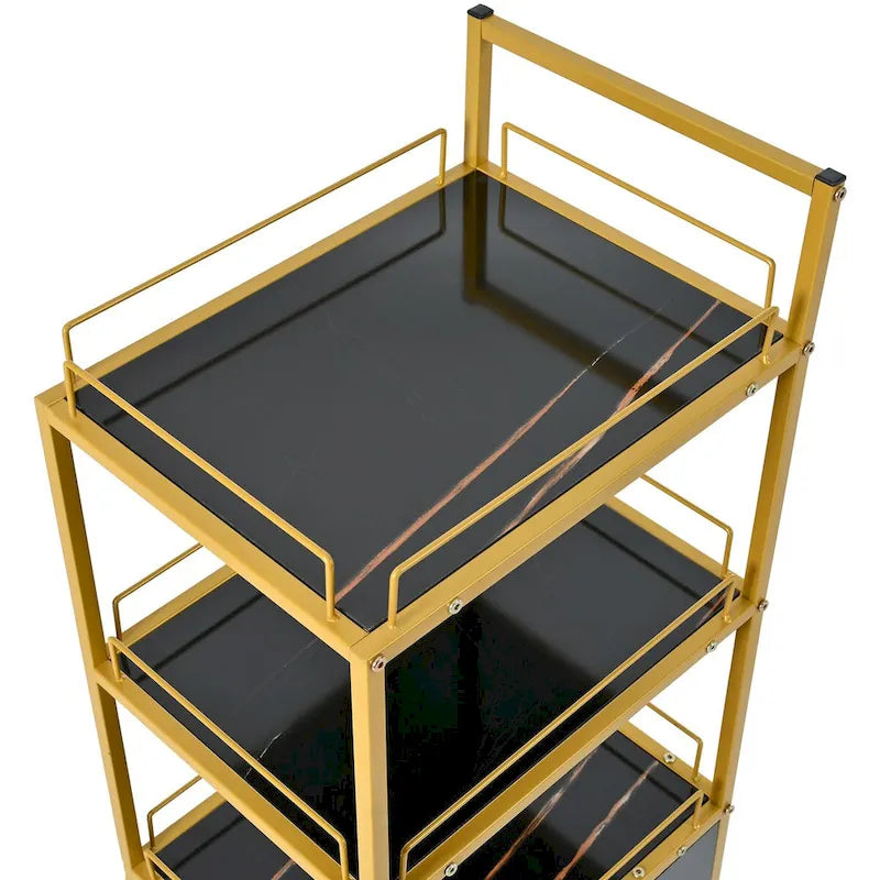 Chariot de rangement à 3 niveaux avec tiroir, desserte à roulettes avec plateau en faux marbre et cadre en métal pour cuisine/salon de beauté/bureau à domicile