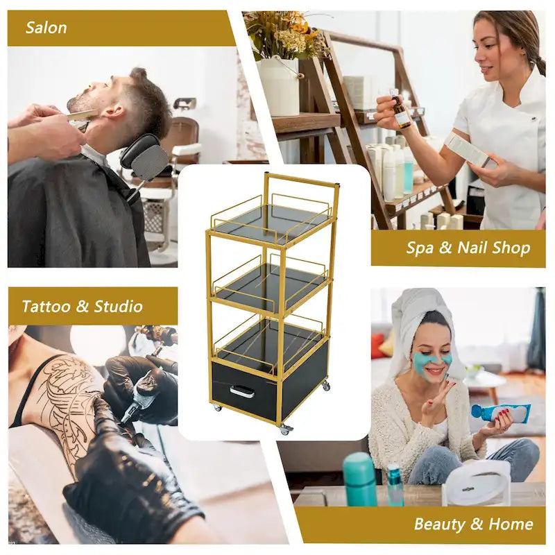 Chariot de rangement à 3 niveaux avec tiroir, desserte à roulettes avec plateau en faux marbre et cadre en métal pour cuisine/salon de beauté/bureau à domicile