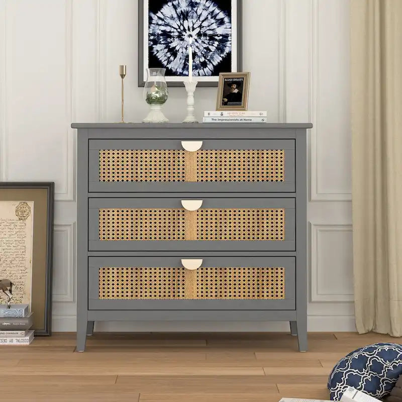Commode 3 tiroirs, rotin naturel, Meuble américain, Convient pour chambre, salon, bureau