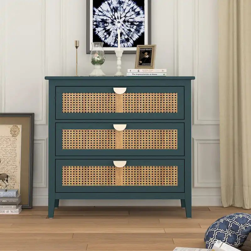 Commode 3 tiroirs, rotin naturel, Meuble américain, Convient pour chambre, salon, bureau