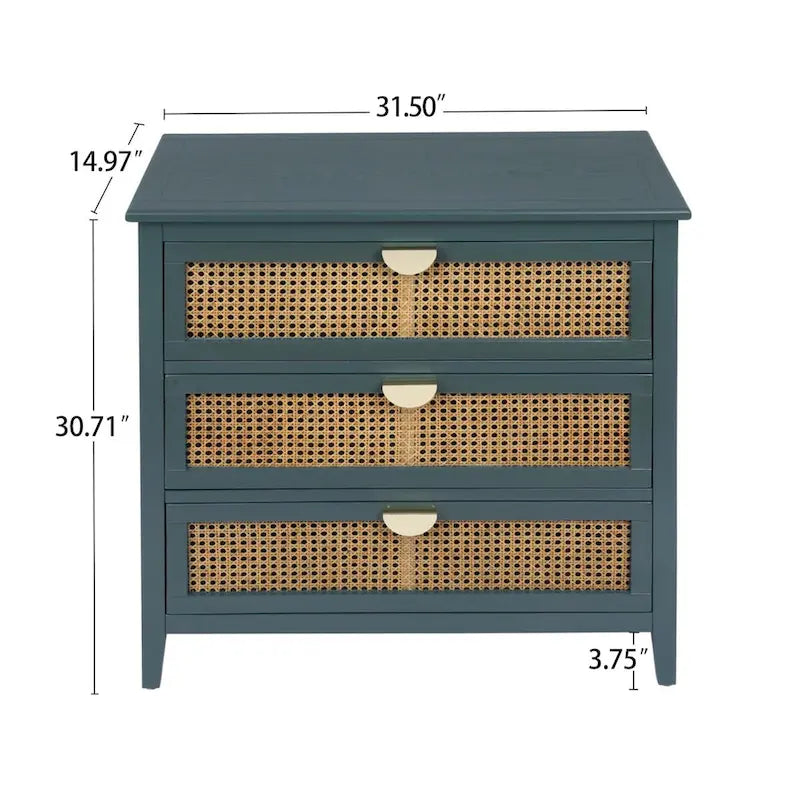 Commode 3 tiroirs, rotin naturel, Meuble américain, Convient pour chambre, salon, bureau