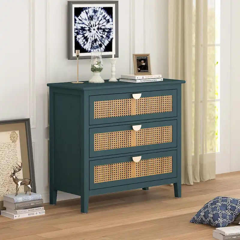 Commode 3 tiroirs, rotin naturel, Meuble américain, Convient pour chambre, salon, bureau