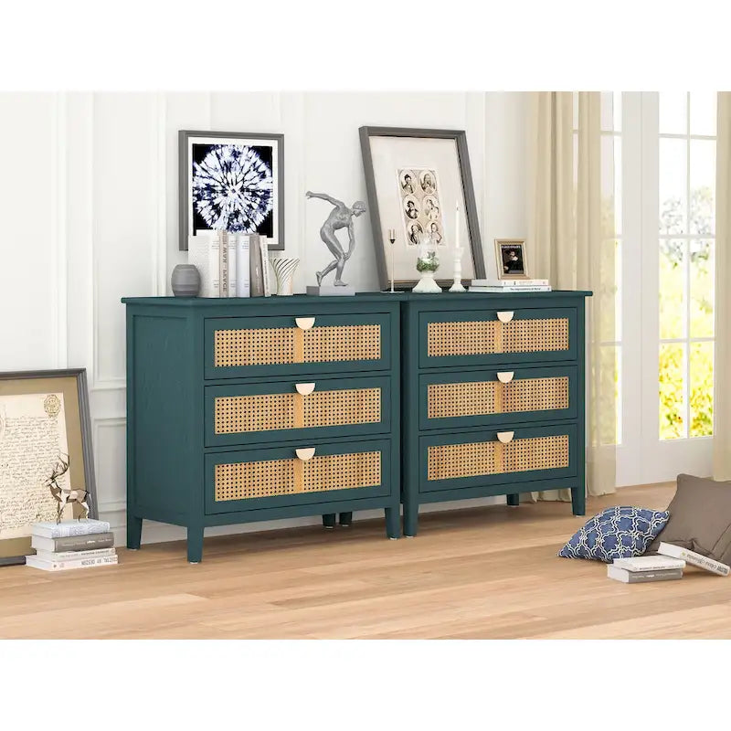 Commode 3 tiroirs, rotin naturel, Meuble américain, Convient pour chambre, salon, bureau