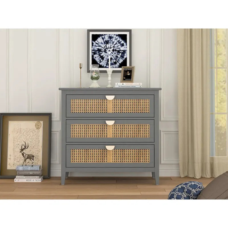 Commode 3 tiroirs, rotin naturel, Meuble américain, Convient pour chambre, salon, bureau