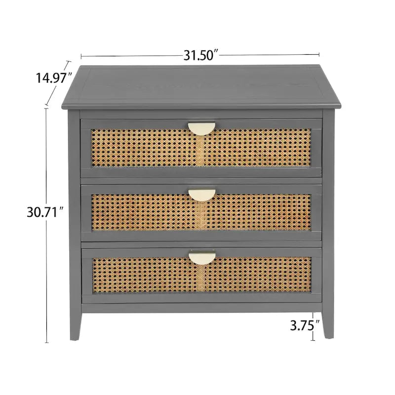 Commode 3 tiroirs, rotin naturel, Meuble américain, Convient pour chambre, salon, bureau