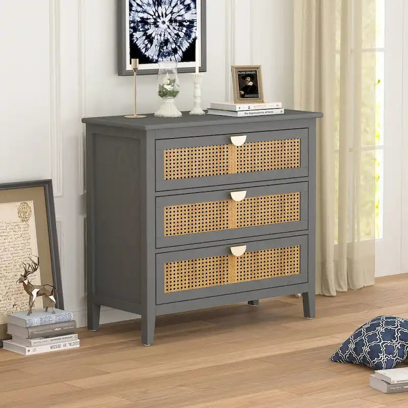 Commode 3 tiroirs, rotin naturel, Meuble américain, Convient pour chambre, salon, bureau