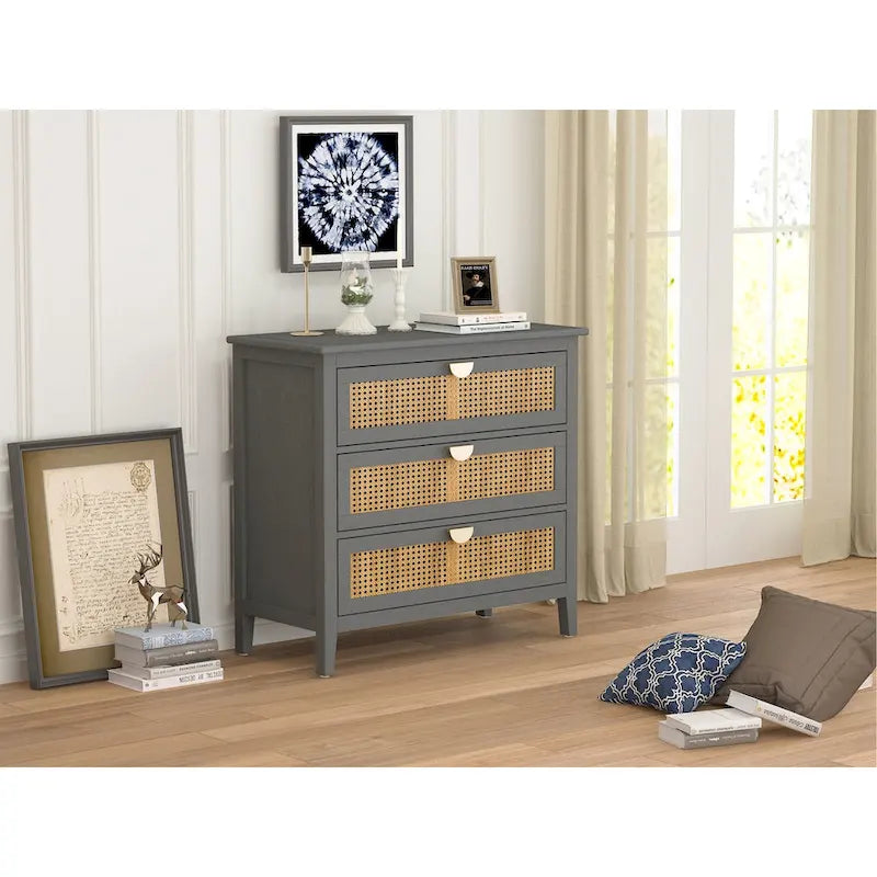 Commode 3 tiroirs, rotin naturel, Meuble américain, Convient pour chambre, salon, bureau