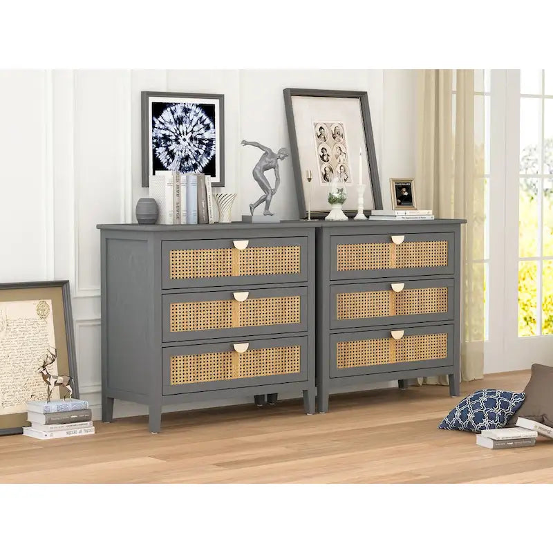 Commode 3 tiroirs, rotin naturel, Meuble américain, Convient pour chambre, salon, bureau