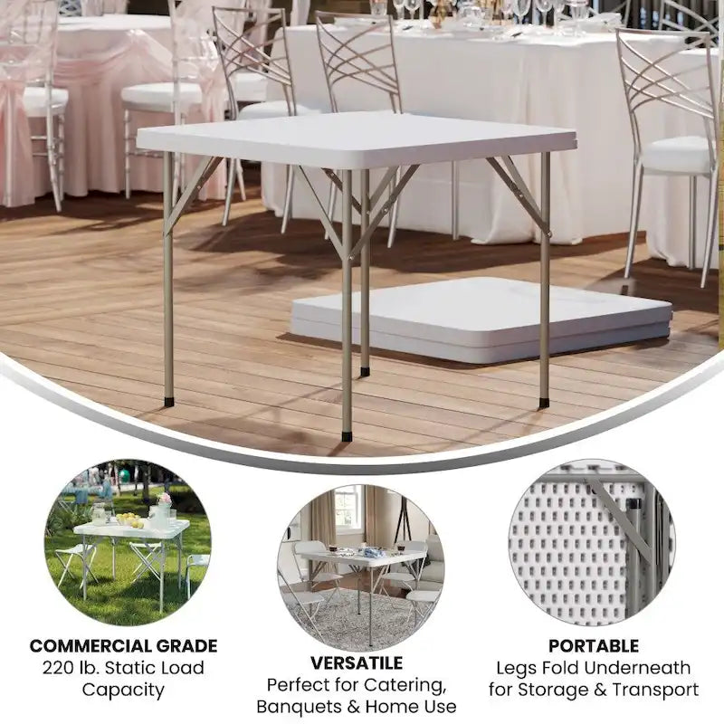 Table pliante carrée en plastique de 2,85 pieds - Table pliante pour événement - 34,25P x 34,25L x 29,5H
