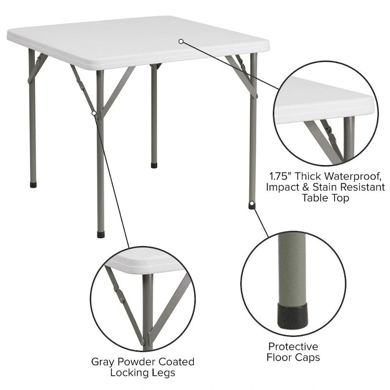 Table pliante carrée en plastique de 2,85 pieds - Table pliante pour événement - 34,25P x 34,25L x 29,5H