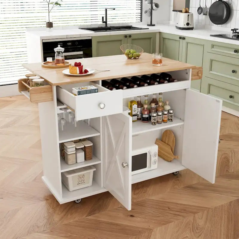 Chariot d'îlot de cuisine 44 pouces avec dessus en bois massif, casier à épices, porte-verres à vin, table roulante sur roulettes, installation sans outils