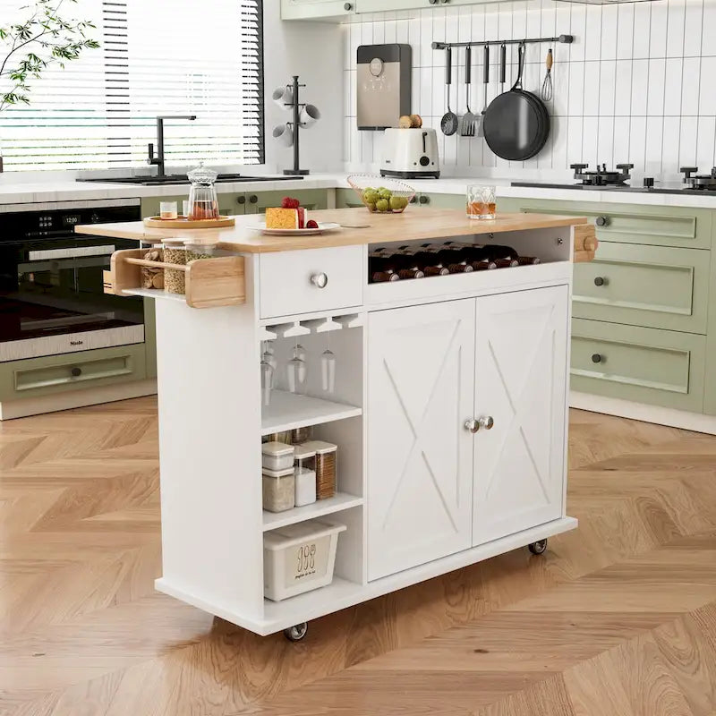 Chariot d'îlot de cuisine 44 pouces avec dessus en bois massif, casier à épices, porte-verres à vin, table roulante sur roulettes, installation sans outils