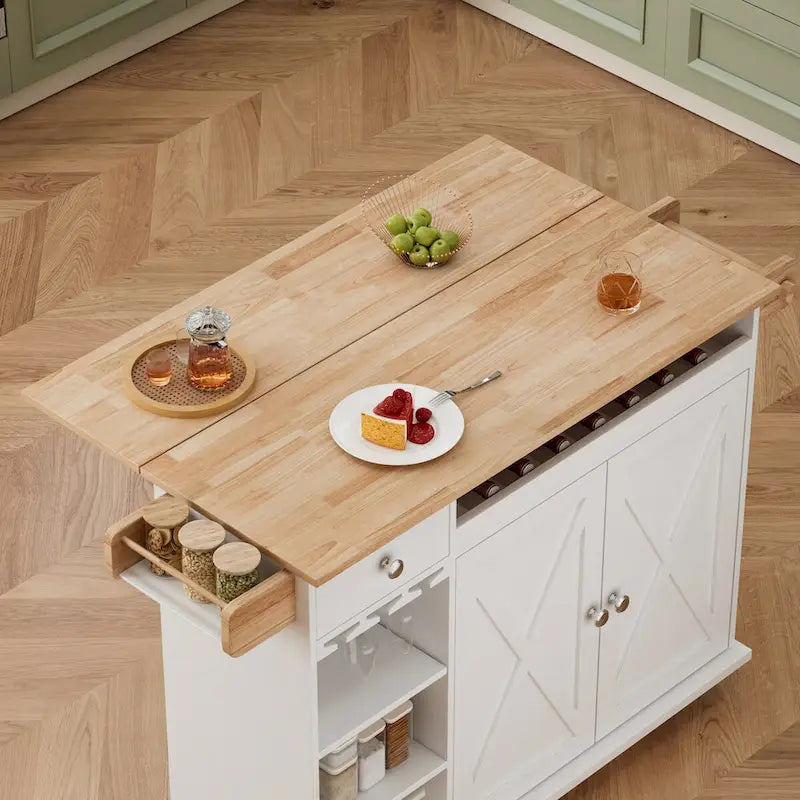 Chariot d'îlot de cuisine 44 pouces avec dessus en bois massif, casier à épices, porte-verres à vin, table roulante sur roulettes, installation sans outils