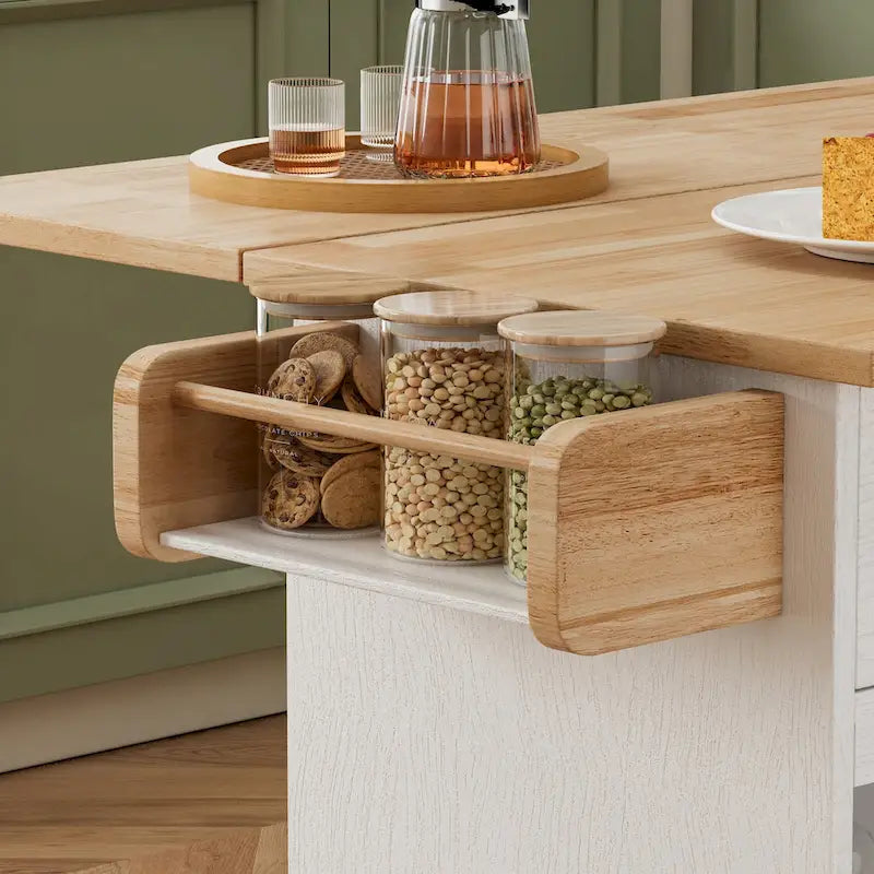 Chariot d'îlot de cuisine 44 pouces avec dessus en bois massif, casier à épices, porte-verres à vin, table roulante sur roulettes, installation sans outils